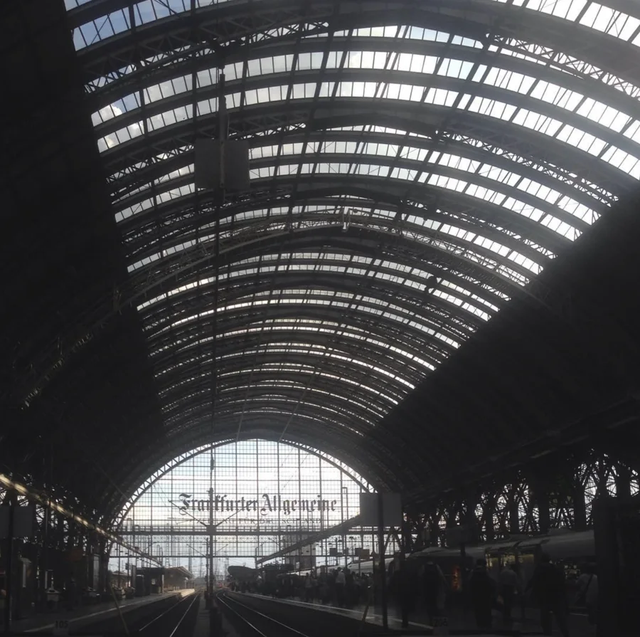 Arched glass and steel roof above railway platforms