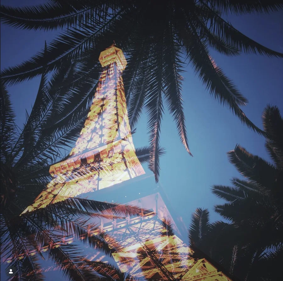 Double exposure of an illuminated tower and palm fronds