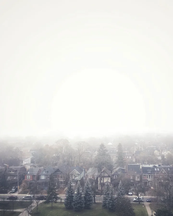 Houses and trees fading into a pale foggy sky